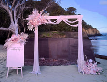 Load image into Gallery viewer, White wood arbour & 3 x Boho blush romantic flowers and easel - HIRE ONLY