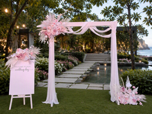Load image into Gallery viewer, White wood arbour & 3 x Boho blush romantic flowers and easel - HIRE ONLY