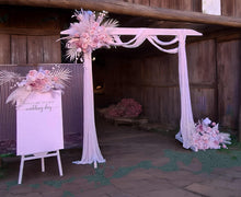 Load image into Gallery viewer, White wood arbour & 3 x Boho blush romantic flowers and easel - HIRE ONLY