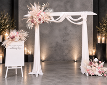 Load image into Gallery viewer, White wood arbour & 3 x Boho blush romantic flowers and easel - HIRE ONLY