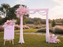 Load image into Gallery viewer, White wood arbour & 3 x Boho blush romantic flowers and easel - HIRE ONLY