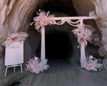 Load image into Gallery viewer, White wood arbour & 5 x Boho blush romantic flowers and easel - HIRE ONLY