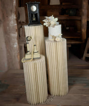 Load image into Gallery viewer, Set of 3 ribbed boho plinths / cake stands - HIRE ONLY