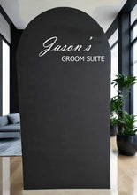 Load image into Gallery viewer, Groom’s Suite / Preparation Room Black arch backdrop – 1.83m tall - HIRE ONLY