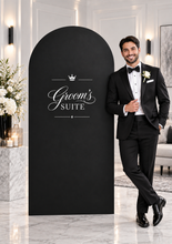 Load image into Gallery viewer, Groom’s Suite / Preparation Room Black arch backdrop – 1.83m tall - HIRE ONLY