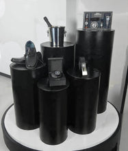 Load image into Gallery viewer, Grooms Preparation Room - Set of 5 Black leather look Cylinder Plinths - HIRE ONLY