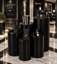 Load image into Gallery viewer, Grooms Preparation Room - Set of 5 Black leather look Cylinder Plinths - HIRE ONLY