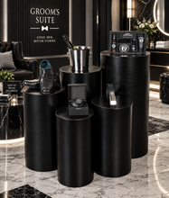 Load image into Gallery viewer, Grooms Preparation Room - Set of 5 Black leather look Cylinder Plinths - HIRE ONLY