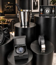 Load image into Gallery viewer, Grooms Preparation Room - Set of 5 Black leather look Cylinder Plinths - HIRE ONLY