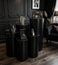 Load image into Gallery viewer, Grooms Preparation Room - Set of 5 Black leather look Cylinder Plinths - HIRE ONLY