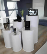 Load image into Gallery viewer, Grooms Preparation Room - Set of 5 White leather look Cylinder Plinths - HIRE ONLY