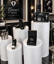 Load image into Gallery viewer, Grooms Preparation Room - Set of 5 White leather look Cylinder Plinths - HIRE ONLY