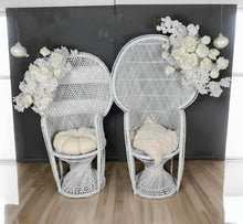 Load image into Gallery viewer, Bride & Groom White peacock chairs with flowers - HIRE ONLY