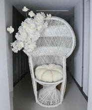 Load image into Gallery viewer, Bride & Groom White peacock chairs with flowers - HIRE ONLY