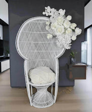 Load image into Gallery viewer, Bride & Groom White peacock chairs with flowers - HIRE ONLY