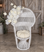 Load image into Gallery viewer, Bride & Groom White peacock chairs with flowers - HIRE ONLY