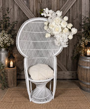 Load image into Gallery viewer, Bride & Groom White peacock chairs with flowers - HIRE ONLY