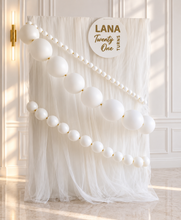 Load image into Gallery viewer, Rectangular backdrop w pearl strand balloons - HIRE ONLY