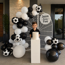 Load image into Gallery viewer, Kids Birthday BOY - Mesh backdrop, balloons & cake stand - HIRE ONLY