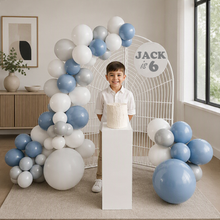 Load image into Gallery viewer, Kids Birthday BOY - Mesh backdrop, balloons & cake stand - HIRE ONLY