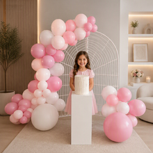 Load image into Gallery viewer, Kids Birthday GIRL - Mesh backdrop, balloons & cake stand - HIRE ONLY