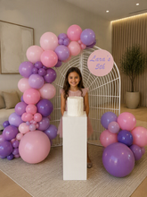Load image into Gallery viewer, Kids Birthday GIRL - Mesh backdrop, balloons & cake stand - HIRE ONLY