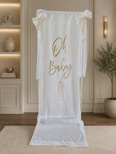 Load image into Gallery viewer, Oh Baby White & Gold Fabric Welcome Sign - HIRE ONLY
