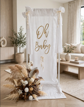 Load image into Gallery viewer, Oh Baby White & Gold Fabric Welcome Sign & Flower Arrangement - HIRE ONLY