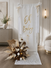 Load image into Gallery viewer, Oh Baby White & Gold Fabric Welcome Sign & Flower Arrangement - HIRE ONLY