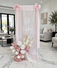 Load image into Gallery viewer, Oh Baby Pale pink & White Fabric Welcome Sign & Flower Arrangement - HIRE ONLY