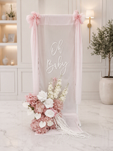 Load image into Gallery viewer, Oh Baby Pale pink & White Fabric Welcome Sign & Flower Arrangement - HIRE ONLY