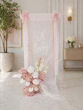 Load image into Gallery viewer, Oh Baby Pale pink & White Fabric Welcome Sign & Flower Arrangement - HIRE ONLY