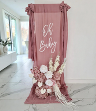 Load image into Gallery viewer, Oh Baby Dusty pink & White Fabric Welcome Sign & Flower Arrangement - HIRE ONLY