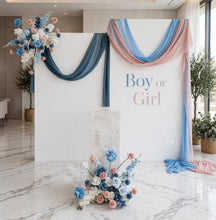 Load image into Gallery viewer, Gender reveal Package 2 x rectangular backdrop, 2 x blue / pink flowers & cake stand - HIRE ONLY