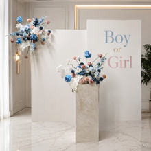 Load image into Gallery viewer, Gender reveal Package 2 x rectangular backdrop, 2 x blue / pink flowers & cake stand - HIRE ONLY