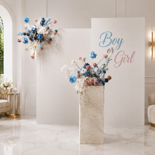 Load image into Gallery viewer, Gender reveal Package 2 x rectangular backdrop, 2 x blue / pink flowers & cake stand - HIRE ONLY