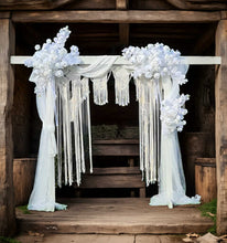 Load image into Gallery viewer, White wooden arbour & flowers w macrame - Advanced - HIRE ONLY