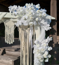 Load image into Gallery viewer, White wooden arbour & flowers w macrame - Advanced - HIRE ONLY