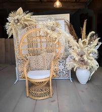Load image into Gallery viewer, Boho Deluxe set up Peacock Chair, 2 x flowers, backdrop & urn flowers - HIRE ONLY
