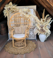 Load image into Gallery viewer, Boho Deluxe set up Peacock Chair, 2 x flowers, backdrop & urn flowers - HIRE ONLY