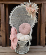 Load image into Gallery viewer, White peacock chair & dusty pastel pink chair flowers - HIRE ONLY