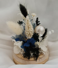 Load image into Gallery viewer, Mini Preserved flowers Xmas dome with glitter bauble – Blue, black & white