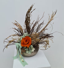 Load image into Gallery viewer, Orange & sage everlasting flowers in unique egg pot - MOT03