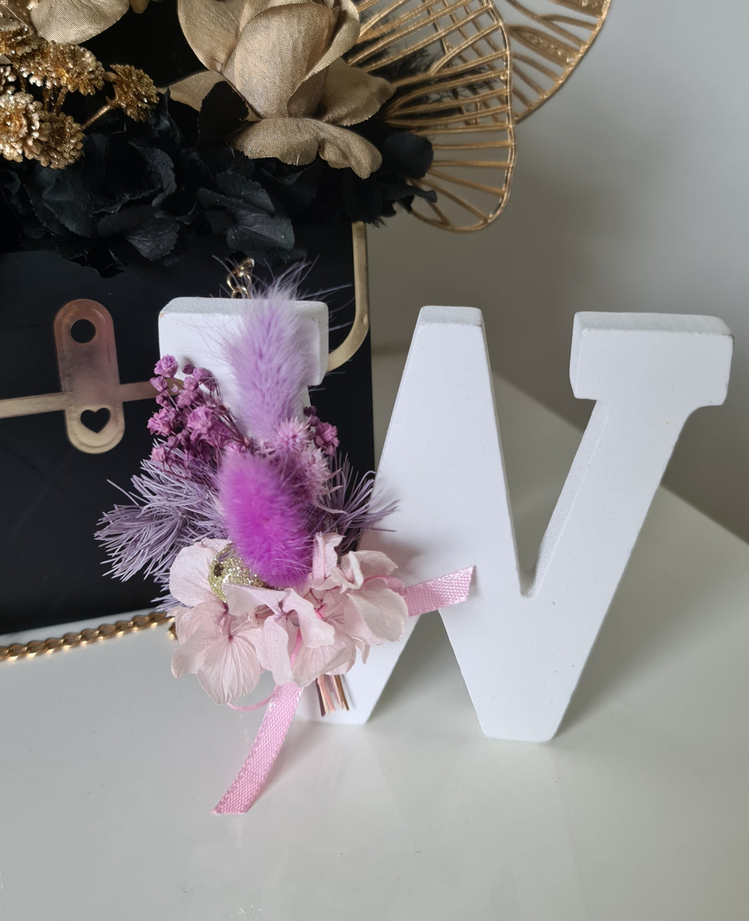 Preserved Everlasting flowers letter W -  10cm – Purple, Pink, white & gold