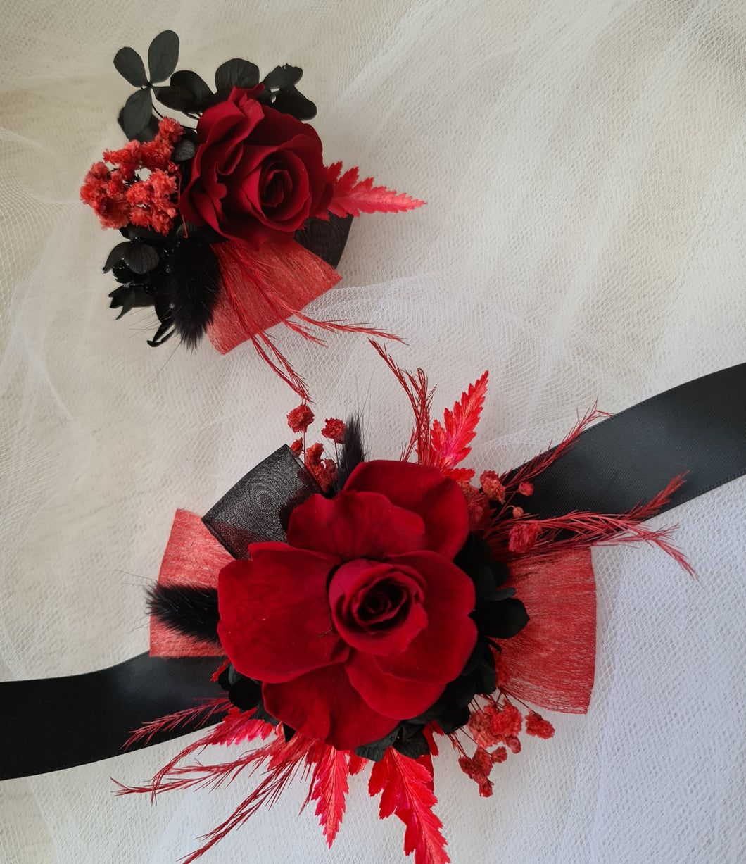 Fully preserved black & red corsage & buttonhole set - Wedding / School Formal