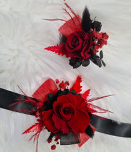 Load image into Gallery viewer, Fully preserved black &amp; red corsage &amp; buttonhole set - Wedding / School Formal
