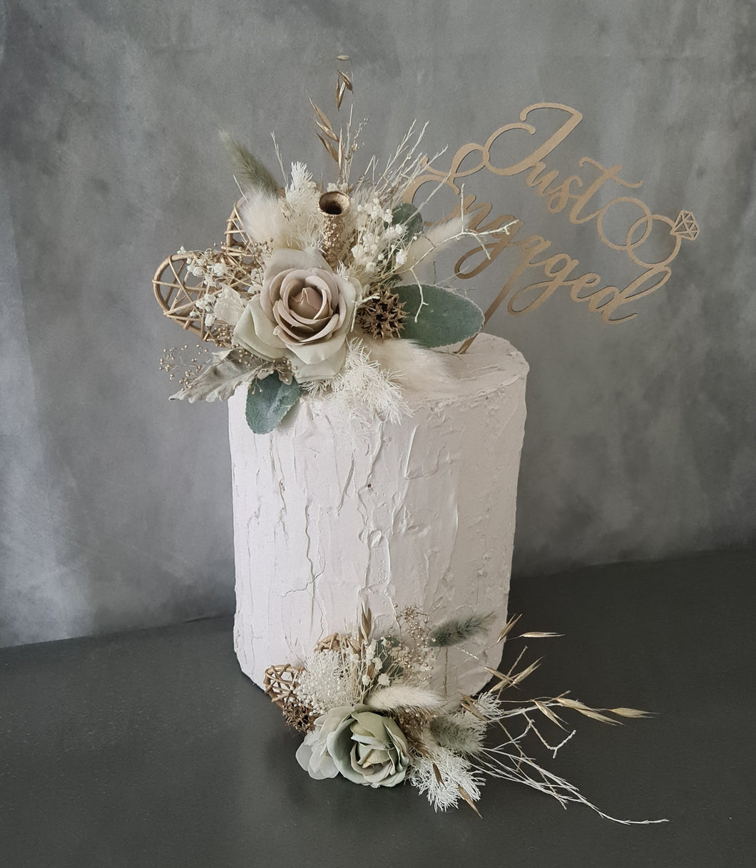 Double Sage green Everlasting flowers engagement cake topper