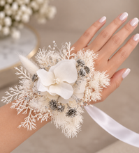 Load image into Gallery viewer, Off white w silver preserved flowers corsage &amp; buttonhole – school formal
