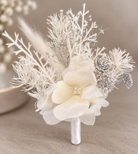 Load image into Gallery viewer, Off white w silver preserved flowers corsage &amp; buttonhole – school formal
