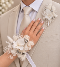 Load image into Gallery viewer, Off white w silver preserved flowers corsage &amp; buttonhole – school formal
